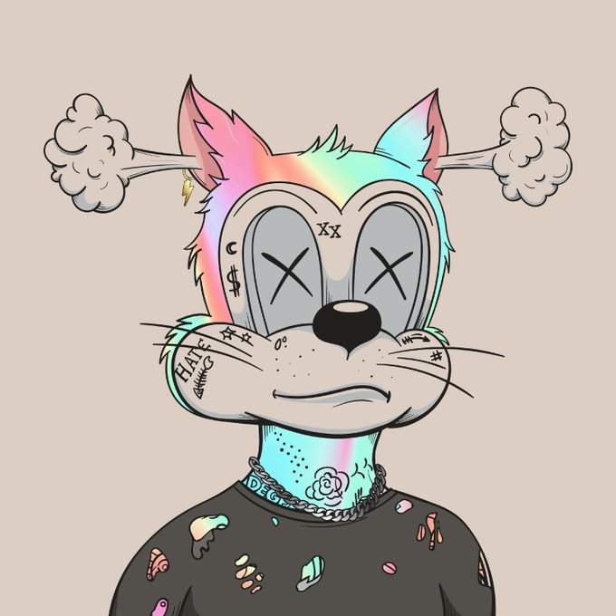 A cartoon illustration of a rainbow-colored fox-like character with 'X' eyes, a black nose, puffing air from its cheeks, wearing a black shirt and chain necklace.