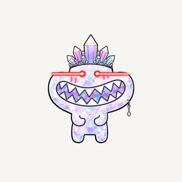 The image depicts a cartoonish, kawaii-style character with a wide, toothy grin, glowing red eyes, and a crown of purple crystals on its head, with a single tear drop, set against a sparkly, pastel galaxy-like background. This appears to be the "Evolved Chomp" NFT referenced in the post, which was purchased for 0.125 ETH as part of TheGloobs collection, alongside the "Mipi" NFT bought for 0.09 ETH.