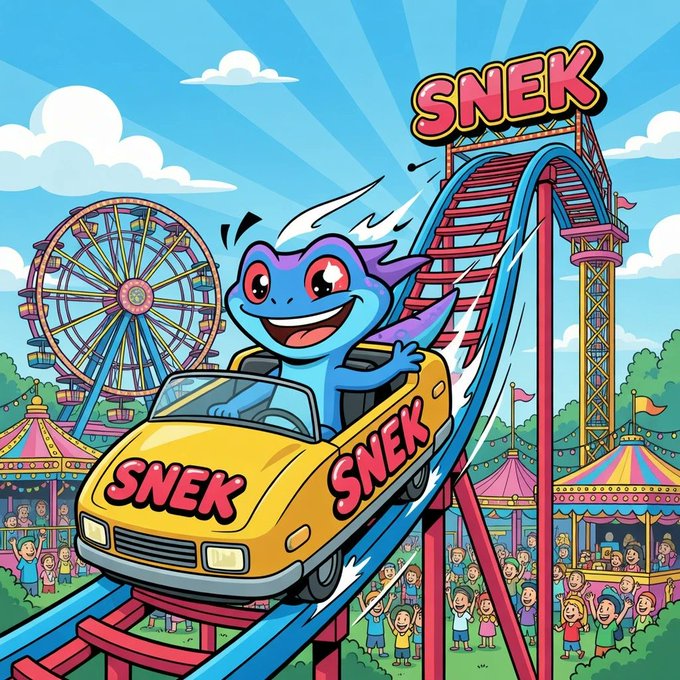 A colorful cartoon illustration of a blue lizard character riding a yellow car labeled 'SNEK' on a roller coaster at an amusement park with a Ferris wheel in the background.