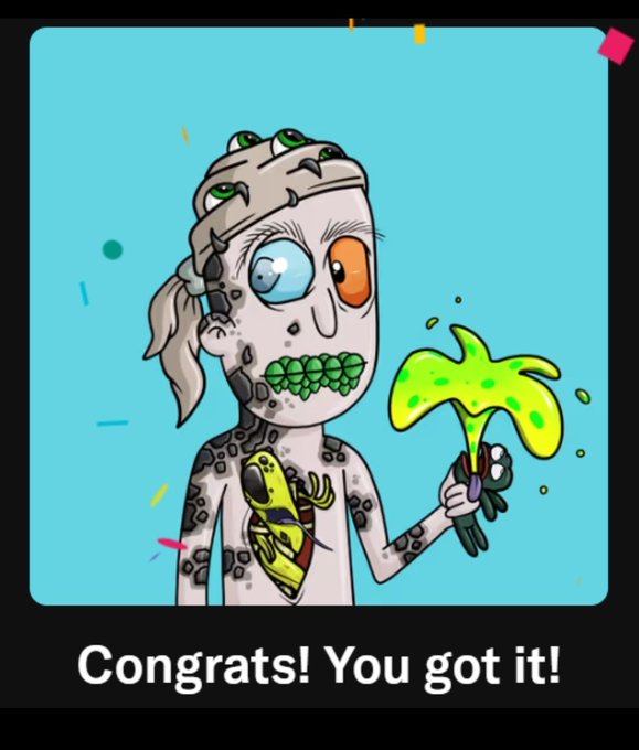The image features a cartoon character with a green face holding an umbrella. The character has a sad expression as if they have been mistreated or mistook for someone else. The background of the image is blue, which contrasts with the character's sad appearance. There are also some text elements in the image that read "congrats! You got it!" and "Its Mutant Monday do I had to go ahead and buy another Mutant @GodHatesNFTees !" This suggests that someone has purchased this character as a gift or decoration, and they have decided to list it for half what they bought it for. The post seems to be promoting the sale of the character, possibly as part of a fundraiser or to raise awareness about a cause related to the character's story.