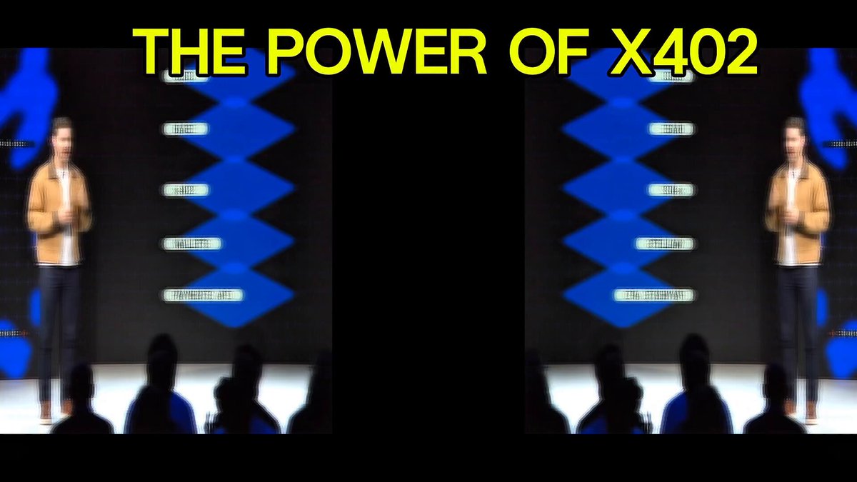 The image features a man standing on stage giving a speech or presentation while multiple people watch from behind him. The text "THE POWER OF X402" is displayed above the man's head, indicating that he is speaking about the power of x402. The background shows a large screen displaying the same text and an image of the speaker with his hands in front of him.