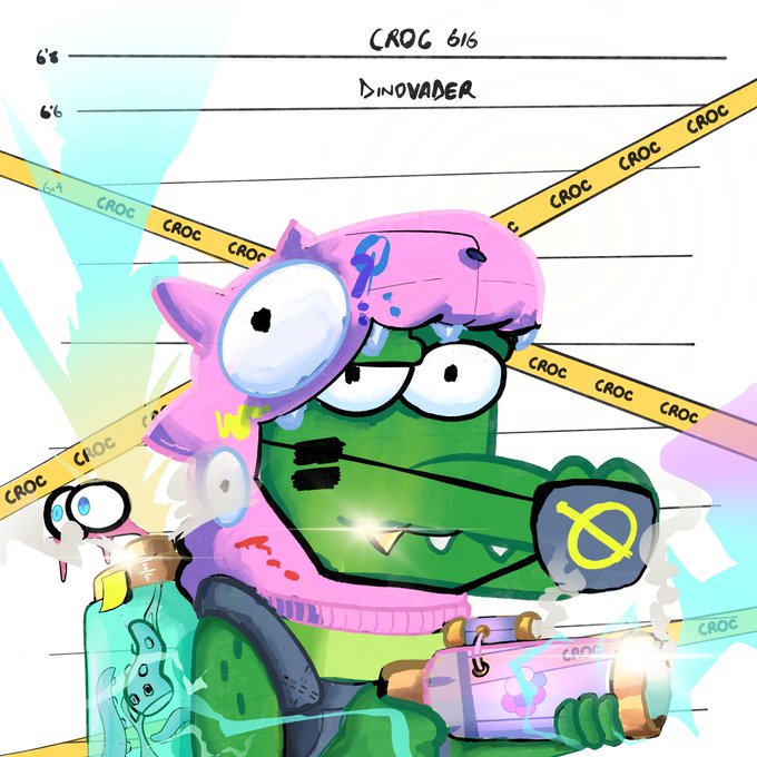 A digital illustration titled 'CROC 616 DINOVADER' featuring a green cartoon alligator wearing a pink dinosaur hood, with 'CROC' branded caution tape in the background.
