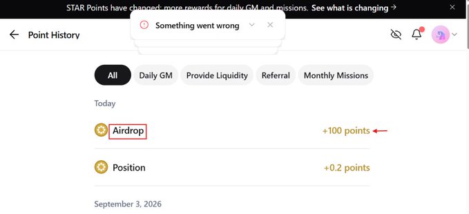 The image shows a "Point History" page from a dashboard displaying STAR Points activity, including an "Airdrop" entry highlighted with a red box showing "+100 points" and a red arrow, along with a "Position" entry worth +0.2 points. This visual confirms the post's claim that participants in Startale tasks have received up to 100 STAR Points from the Penalty Game and Space Runner tasks.