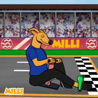 The image features a cartoon dog sitting on a skateboard, wearing a blue shirt and black pants. The background shows a race track with a checkered floor and a crowd of people watching the event. There are also logos for "MILLI" and "SEI", indicating that this is related to the SEI network or the Milli TG buybot project.
