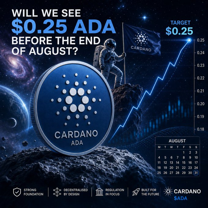A promotional graphic for Cardano ($ADA) asks "Will we see $0.25 ADA before the end of August?" featuring an astronaut planting a Cardano flag on a moon-like surface, alongside an upward-trending chart showing a target price of $0.25 and an August calendar. The space exploration imagery visually reinforces the bullish price prediction and end-of-August deadline highlighted in the accompanying post.