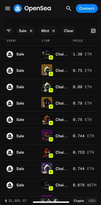 Screenshot of OpenSea marketplace showing a list of NFT sales filtered by "Sale" and "Mint" event types, with most items labeled "Chai..." priced around 0.744-0.80 ETH, and one notable high-priced sale at 1.30 ETH at the top of the list. The image corresponds to the post by @MancerXYZ highlighting 8 past hour sales, with the 1.30 ETH top entry being the standout "GMancer" sale referenced.