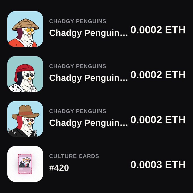 NFT marketplace listing showing three "CHADGY PENGUINS" at 0.0002 ETH each and a "CULTURE CARDS #420" at 0.0003 ETH.