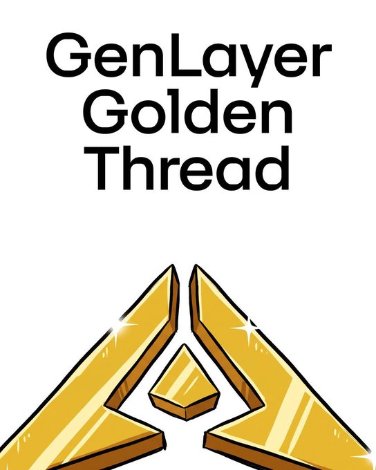A logo for 'GenLayer Golden Thread' displays the text above a stylized golden geometric design resembling an 'A' or mountain shape.