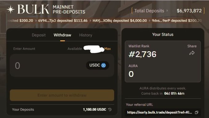 In the image, there's a window displaying information about a bulk trade with the maximum deposit amount of $500 and the user's current balance of $79,872. The screen shows that some funds are pre-deposited, totaling $6,722, but the actual deposited amount is only $5M. The remaining funds should be deposited soon to reach a total value of at least $5M. Additionally, there is a link within the image which suggests that the user might be able to earn AURA points based on their deposit activity in the bulk trade account. The window also offers a choice for users who want to automatically withdraw any funds from the account.