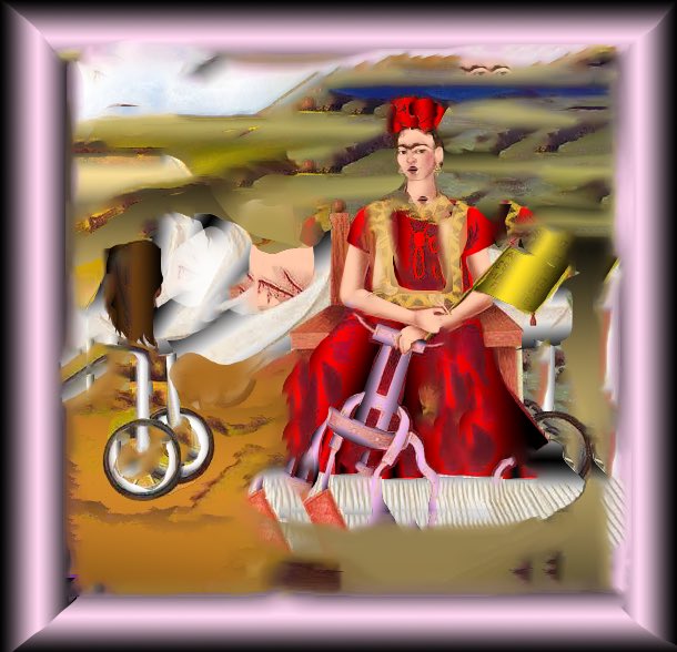 A surreal, distorted painting features a woman in a red dress with horns sitting on a throne, with another reclining figure in the background, all framed in pink.