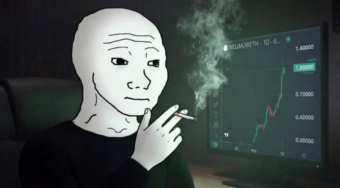 A Wojak meme character smoking a cigarette while observing a green price chart on a computer monitor.