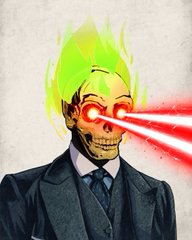 A skeletal-faced figure in a dark suit fires intense red laser beams from glowing eyes, with green flame-like energy rising from his head. The image visually embodies the post's energetic promise to keep "laser eyes" activated until the @MadLads NFT collection reaches its 100 SOL floor price target.