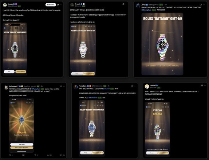 A collage of six X posts displaying NFT trading-card promotions for Rolex watches, including visible titles such as "ROLEX 'SPITE' GMT-MAST," "ROLEXEXPLORED - WHITE DIA," "ROLEX \"BATMAN\" GMT-MI," "ROLEX 'SABR' SUBMARINER," and an "EPI POLL" priced at $23,050.