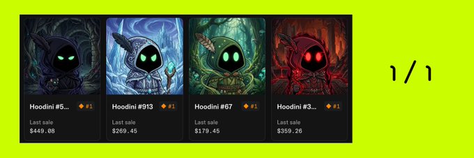 Four hooded mage characters from the "Hoodini" NFT collection are displayed with their last sale prices—#913 at $269.45, #67 at $179.45, #5 at $449.08, and #3 at $359.26—illustrating how rarity tier (♦1) drives varying price points, as highlighted in the Wizards rarity discussion on OpenSea.
