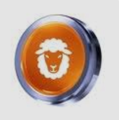 A close-up image shows a glossy, circular orange badge or button featuring a white stylized sheep's face.