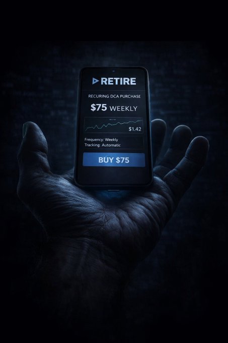 A hand holds a smartphone displaying a "RETIRE" investment app with a recurring DCA purchase of $75 weekly and a "BUY $75" button.
