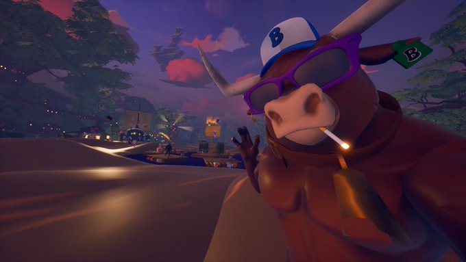 A 3D animated bull character wearing a white cap with a blue 'B', purple sunglasses, and smoking a cigarette, set against a vibrant purple-hued landscape with trees and a campfire in the background.