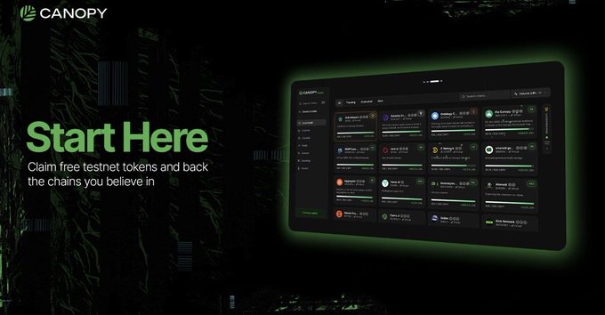A Canopy promotional graphic with 'Start Here - Claim free testnet tokens and back the chains you believe in,' alongside a mockup of their dashboard interface.