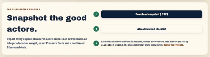 An interface titled 'FOR DISTRIBUTION BUILDERS' with the heading 'Snapshot the good actors.', showing three numbered steps: 1. Download snapshot (.CSV), 2. Also download blacklist, and 3. Exclude exact lowercase blacklist matches.