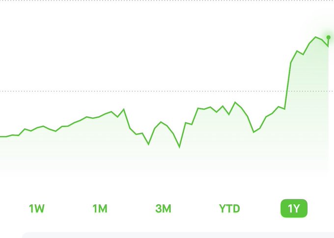 A green 1-year line chart showing a steep upward spike on the right end, with time period buttons (1W, 1M, 3M, YTD, 1Y) below — the highlighted 1Y view visualizes the dramatic rally to a new all-time high referenced in the post "ATH again. Dip for ants?"