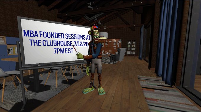 An avatar in a virtual 3D environment stands in a wooden room pointing to a whiteboard that reads 'MBA FOUNDER SESSIONS AT THE CLUBHOUSE, 7/12/26 7PM EST'.