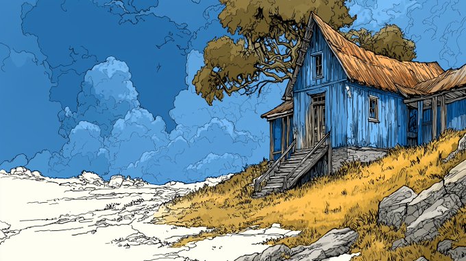 A weathered blue wooden house with an orange tiled roof sits atop a grassy cliff overlooking a vast sky, with a wooden staircase leading up to its door. The serene coastal scene relates to the post "GM" (likely "Good Morning"), offering a peaceful start-of-day greeting.