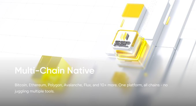 A glossy promotional graphic featuring the "SSP Wallet" logo on a glowing yellow cube, with text reading "Multi-Chain Native — Bitcoin, Ethereum, Polygon, Avalanche, Flux, and 10+ more. One platform, all chains - no juggling multiple tools," visually reinforcing the post's message of unified cross-chain support in a single wallet.