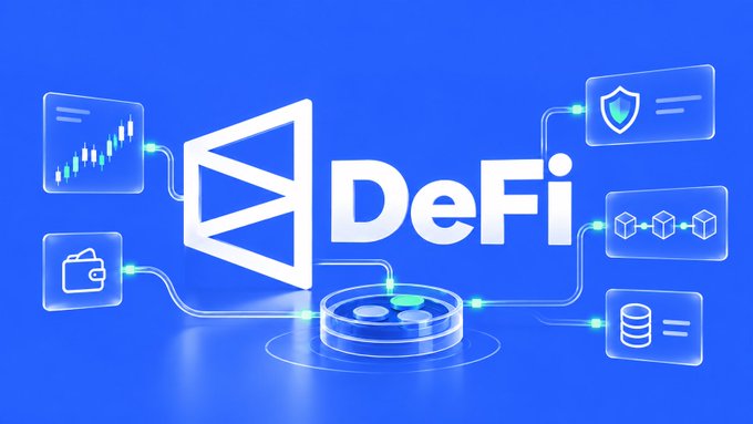 A vibrant blue graphic displays the bold white text "DeFi" beside a large stylized symbol, surrounded by connected icons including a candlestick chart, wallet, shield, blockchain cubes, and database—visually representing decentralized finance features like trading, security, and data storage, which aligns with the post's discussion of Polymarket hiring Jacob Horne to expand its DeFi product offerings.