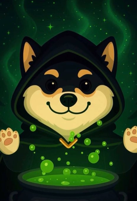 A digital illustration of a smiling Shiba Inu dog wearing a black hooded robe, conjuring glowing green magical bubbles over a cauldron against a starry green background.