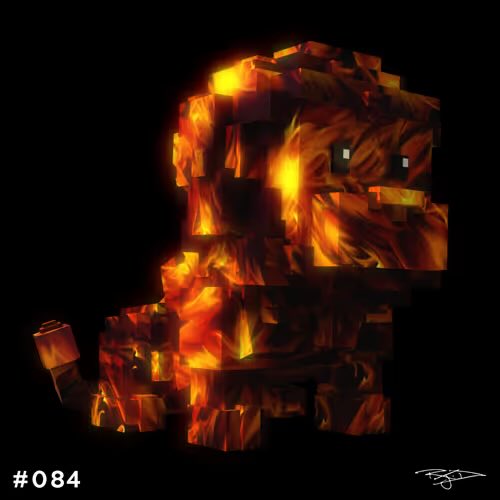 A Minecraft-style 3D render of a Charmander-like creature made of fire and lava blocks against a black background, labeled "#084" with an artist's signature.