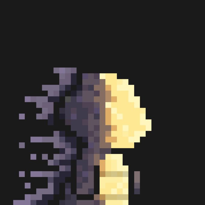 A pixel-art image of a glowing golden object (resembling a mask or crescent shape) emerging from purple fragmented particles against a black background.