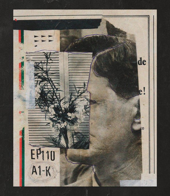 A mixed-media collage artwork featuring a vintage black-and-white profile portrait of a woman overlaid with pressed ferns and flowers, printed text fragments, and labels reading 'EP110' and 'A1-K'.