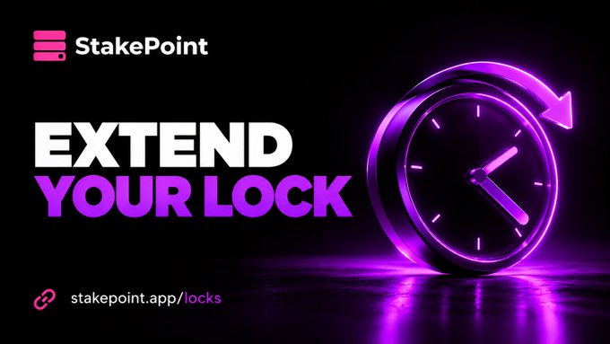The image is a promotional banner for StakePoint featuring a glowing purple clock with an arrow pointing forward, alongside the text "EXTEND YOUR LOCK" and the link "stakepoint.app/locks." It visually reinforces the post's message by symbolizing the ability to extend token lock durations to a later date without moving the tokens themselves.