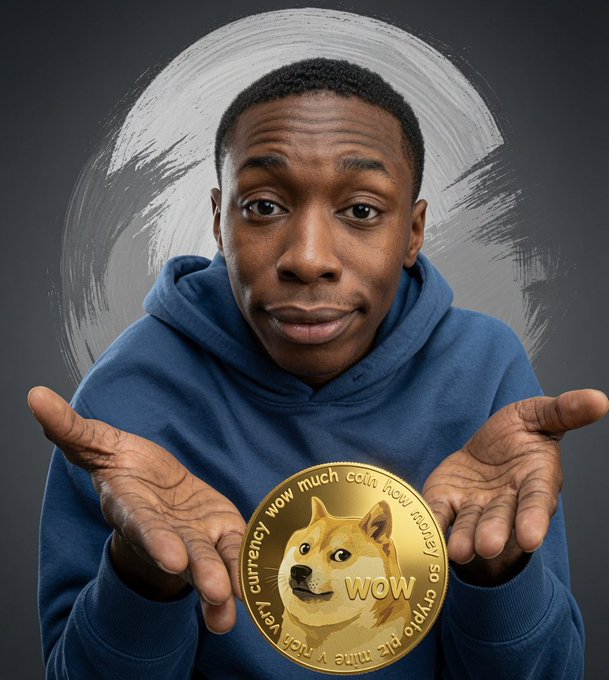 A young man in a blue hoodie holds a large gold Dogecoin (DOGE) cryptocurrency coin in his hands, featuring the Shiba Inu dog and text including 'wow much currency how mine so crypto.'