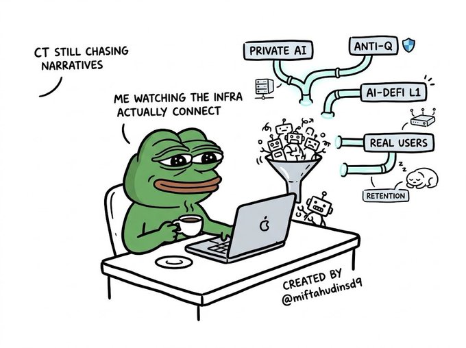 In this image, a cartoon frog is sitting at a desk with a laptop computer open in front of him. The frog appears to be engaged in some sort of narrative or storytelling activity while using the laptop. In the background, there are several other characters that seem to be part of the story being told by the frog and his laptop. These characters include a robot, an AI assistant, and a network. Additionally, there is text present in the image that reads "CT still chasing narratives", which could be interpreted as the frog's attempt to connect with others through storytelling or narrative-based activities on the internet.