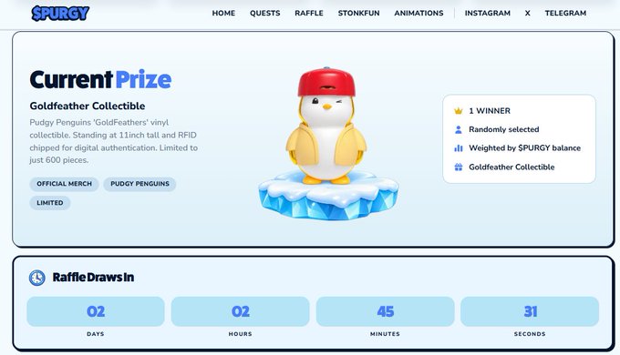 A SPURGY raffle webpage displays the 'Goldfeather Collectible' prize featuring a penguin in a red cap, with a countdown timer showing 02 days, 02 hours, 45 minutes, 31 seconds remaining.