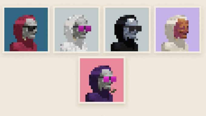 Five pixel art portraits featuring hooded figures wearing sunglasses in various colors, including red, white, black, beige, and purple.
