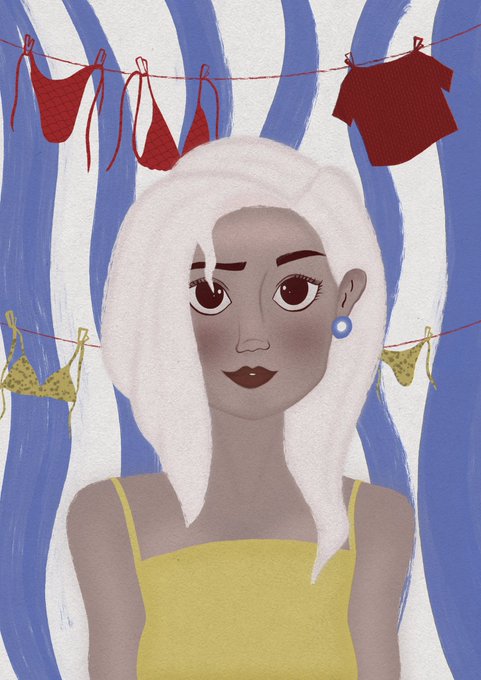 An illustrated portrait of a dark-skinned woman with white hair wearing a yellow top and blue earring, with clothing on a clothesline behind her against a blue striped background.