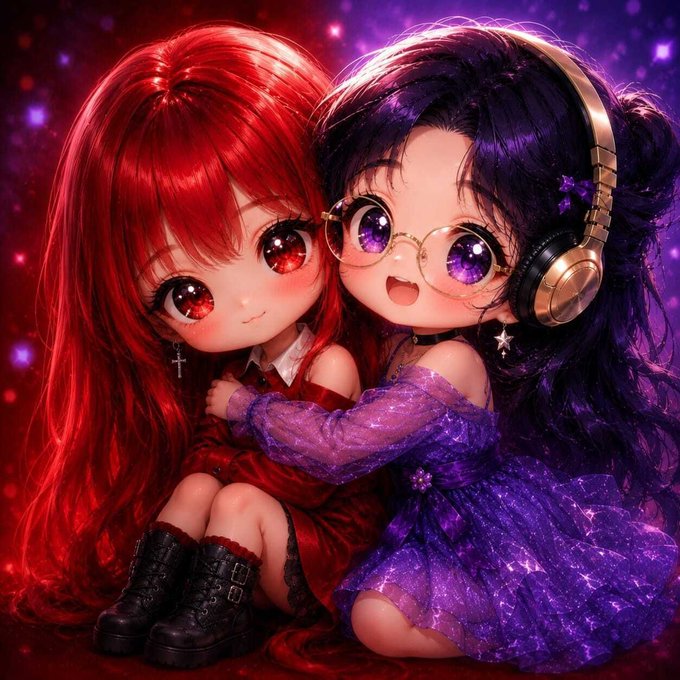 Chibi-style anime illustration of two girls, one with long red hair and red eyes wearing a red dress, hugging another with dark purple hair, glasses, headphones, and a sparkly purple dress against a starry cosmic background.