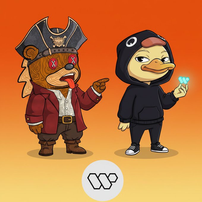 The image features two cartoon characters, a bear wearing a pirate hat and a duck dressed as a pirate with a hoodie. They are standing next to each other against an orange background. The caption below the image reads "yo been seeing @wallchain popping off with these usdc campaigns and leaderboards mindshare = compounding signals or whatever they say its actually kinda cool how theyre trying to reward genuine attention instead of fake hype quacks on autopilot for real engagement?".