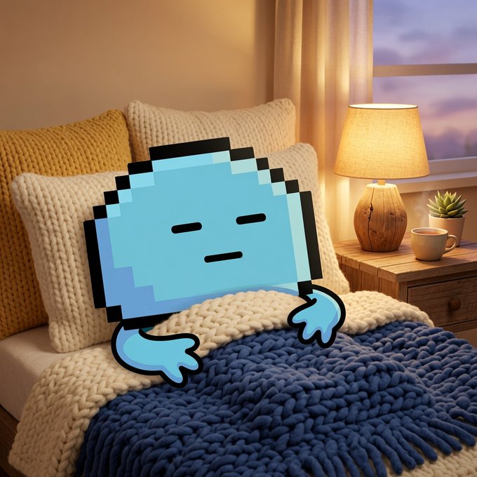 A pixelated blue blob character with a tired expression rests under a chunky knit blanket on a cozy bed, with a warm lamp, coffee cup, and succulent on the nightstand beside it. The image matches the post's caption, showing the character "resting peacefully" in a serene bedroom setting as if waiting for XRP to wake it up.