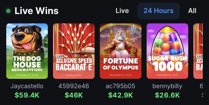 A "Live Wins" leaderboard on MetaWin displays recent 24-hour big payouts, including Jaycastello winning $59.4K on The Dog House Megaways, 45992e46 winning $46K on Xclusive Speed Baccarat, ac795b05 winning $42.9K on Fortune of Olympus, and bennybilly winning $26.6K on Sugar Rush 1000—visually supporting the post's claim that players are frequently hitting major wins on the platform.