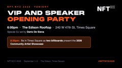 A promotional graphic for a 'VIP AND SPEAKER OPENING PARTY' NFT.NYC event, scheduled for September 7, 2023, from 2:00-4:00 PM at Times Square.