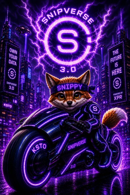 A neon-lit cyberpunk poster features a fox named 'SNIPPY' on a motorcycle, branded with 'SNIPVERSE 3.0', 'KSTO', and 'POWERED BY XPR' amid a futuristic cityscape.