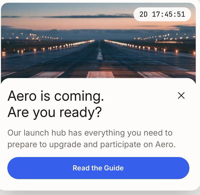 Promotional popup reading 'Aero is coming. Are you ready? Our launch hub has everything you need to prepare to upgrade and participate on Aero.' with a 'Read the Guide' button.
