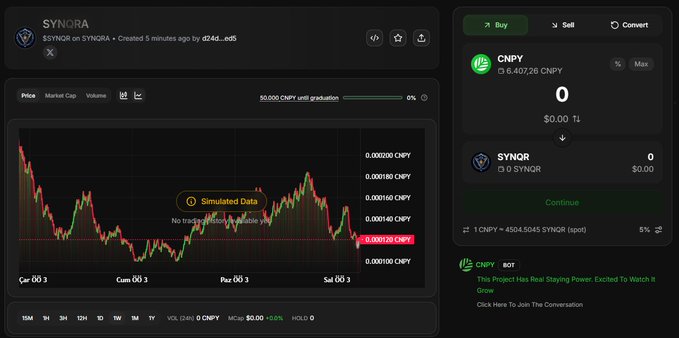 The image displays a cryptocurrency trading interface for $SYNQR, showing a price chart of the SYNQRA token on the CNPY (Canopy) network testnet, with a promotional banner stating "This Project Has Real Staying Power. Excited To Watch It Grow." The interface indicates the creator (d2d4d...ed5) launched SYNQRA 5 minutes ago with a price hovering around 0.0001216 CNPY, illustrating the newly minted token being showcased on the Canopy Network's chain creation platform.