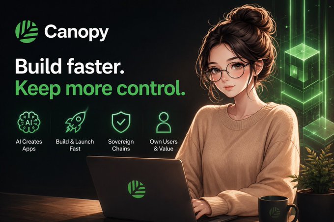 A promotional graphic for "Canopy" featuring a woman with glasses using a laptop, with text "Build faster. Keep more control." and icons for "AI Creates Apps," "Build & Launch Fast," "Sovereign Chains," and "Own Users & Value."