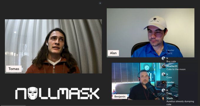 Video call screenshot showing participants Tomas, Alan (in a 'Coinbase' cap), and Benjamin in a 'Nullmask' branded meeting, with a chat sidebar mentioning 'Muellerz23' and 'Vlad: Aave/us already dumping cote.'