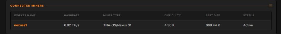 A dashboard displays a 'CONNECTED MINERS' table showing a single active worker named 'nexuss1' with a hashrate of 6.82 TH/s using a TNA-OS/Nexus S1 miner at 4.30 K difficulty.
