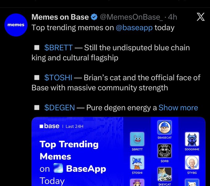 A Twitter/X post from @MemesOnBase listing top trending memes on BaseApp, featuring $BRETT, $TOSHI (Brian's cat and the official face of Base), and $DEGEN, with an attached image showing trending meme characters including $BASECAT, $SKEYCAT, $DRB, and $TYBG.